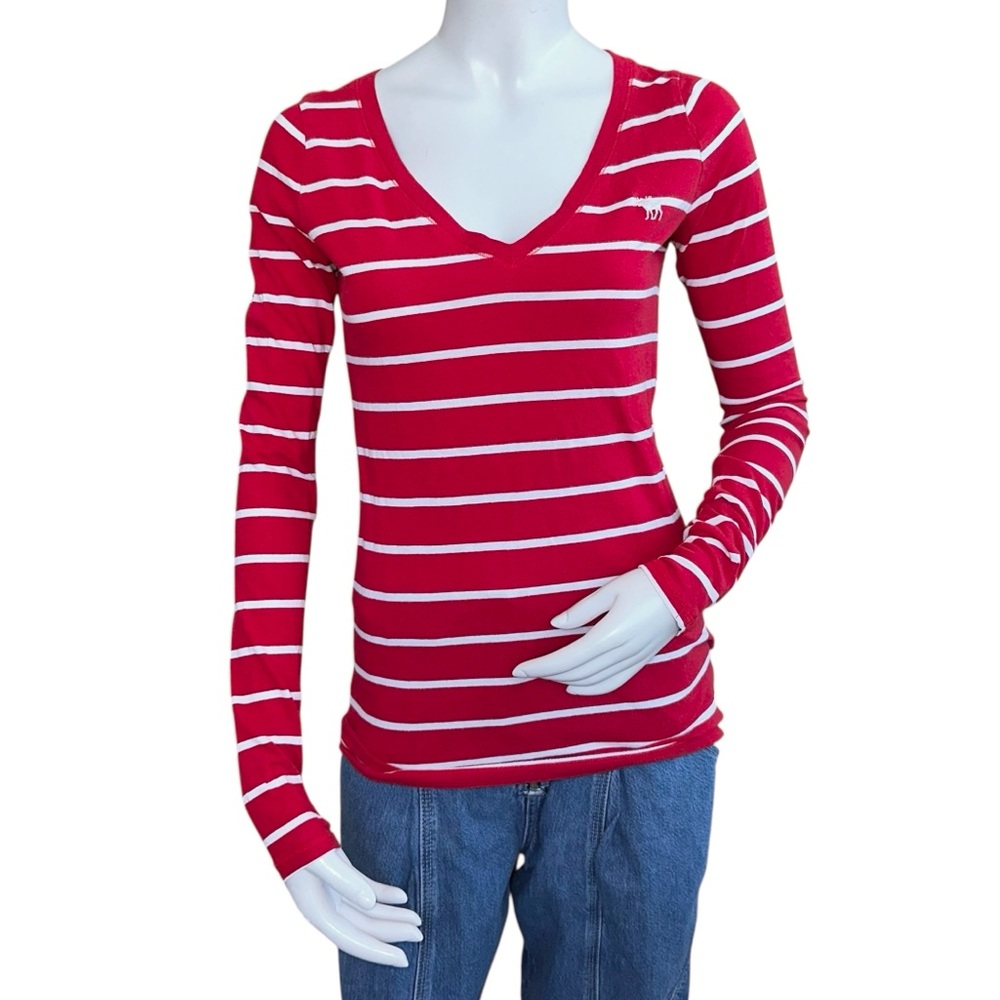 Y2K Abercrombie & Fitch Red White Striped V Neck Slim Fit Long Sleeve Top Medium
